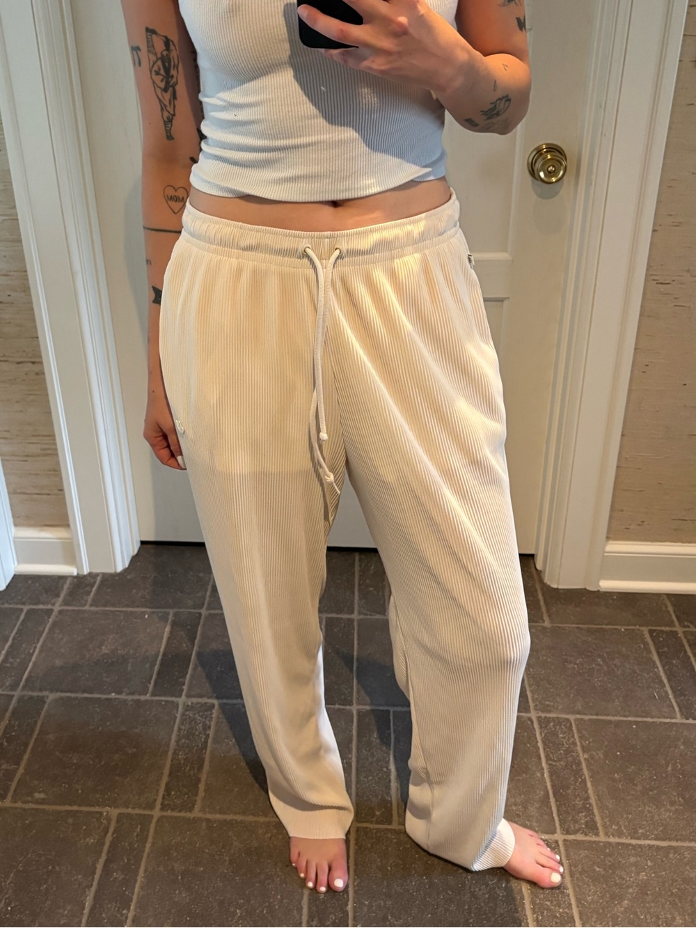 adidas Cream Ribbed Drawstring Track Pants - Women's